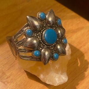 Silver and Turquoise Flower Cuff